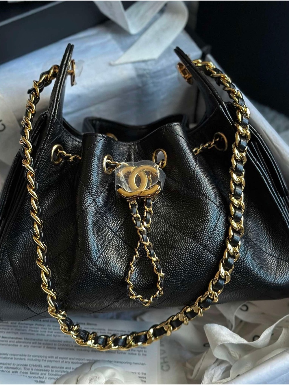 SOLD-CHANEL Mini Black Quilted Leather Drawstring Shoulder Bag with Gold Hardwar - Picture 5 of 8